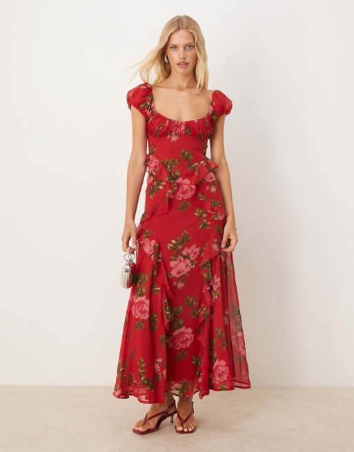 ASOS DESIGN gathered sleeve midi dress with ruffles in red based floral print
