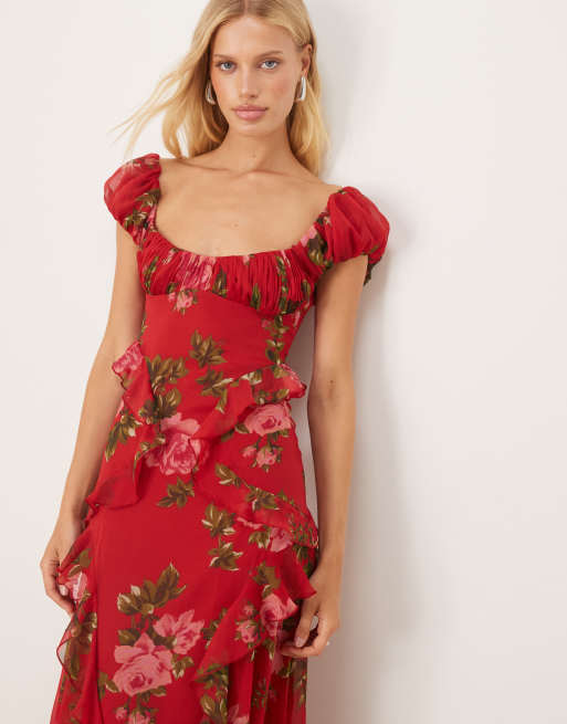 ASOS DESIGN gathered sleeve midi dress with ruffles in red based floral print