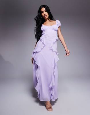 Asos Design Gathered Sleeves Midi Dress With Ruffles