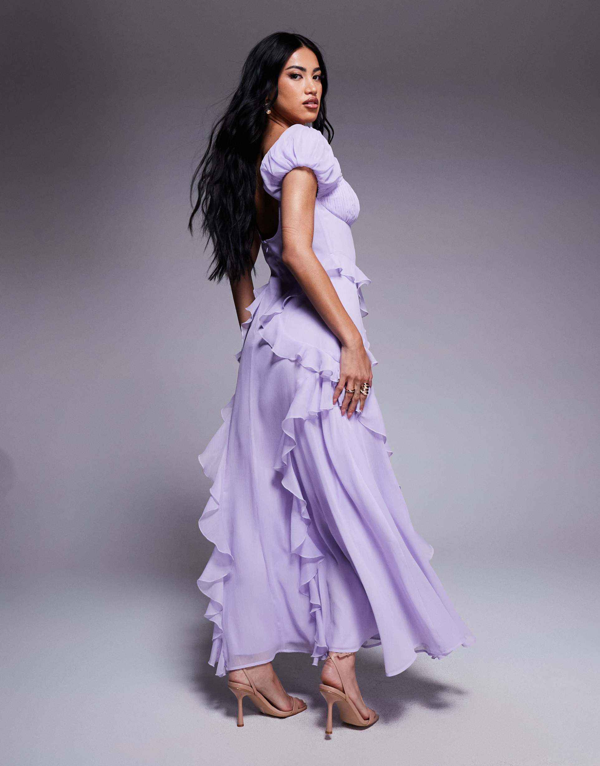 asos design gathered sleeves midi dress with ruffles in lilac