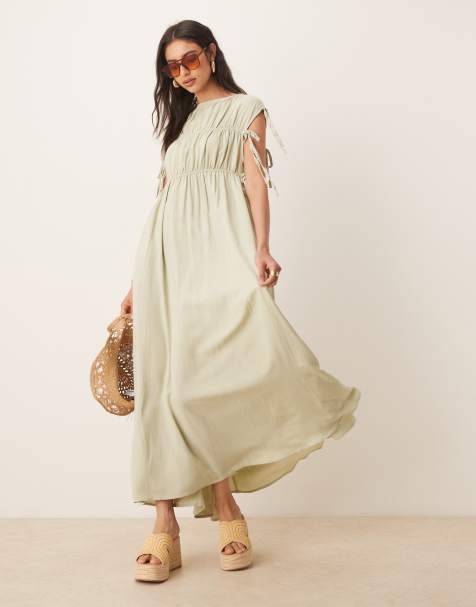 ASOS DESIGN gathered smock maxi dress in sage green - view 1