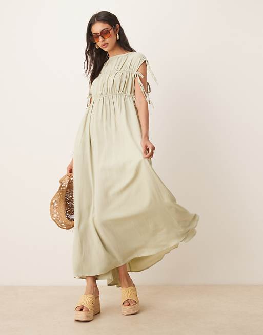 asos green dress maxi DESIGN lace insert satin stripe paneled in long sleeves ASOS Green Maxi Dress (Size