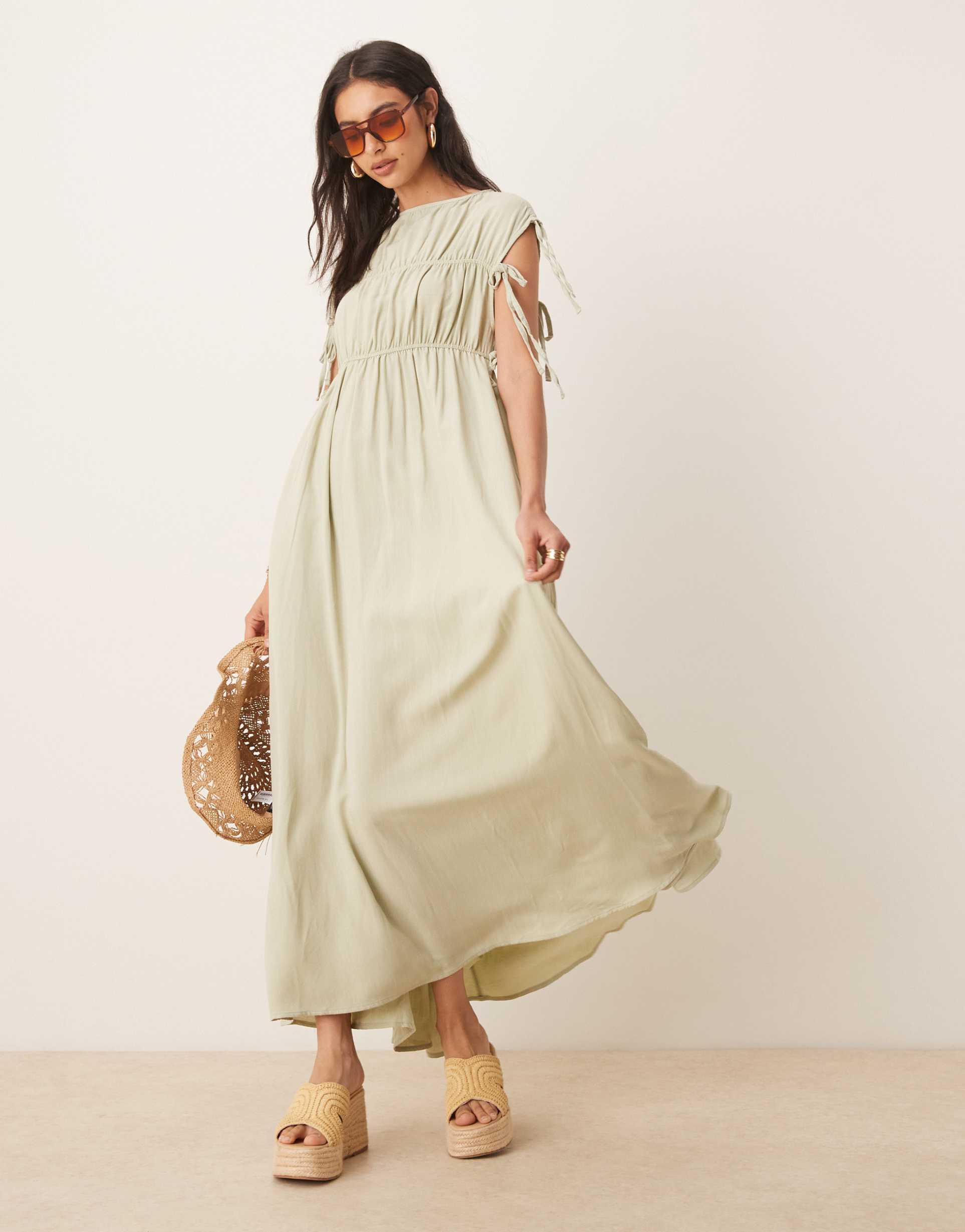 asos design gathered smock maxi dress in sage green