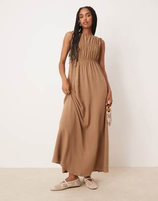 Asos Design Gathered Smock Maxi Dress In Brown