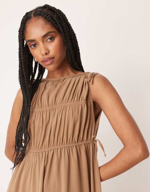 ASOS DESIGN gathered smock maxi dress in stone, 2 of 4