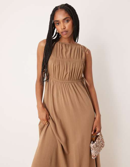 ASOS DESIGN gathered smock maxi dress in stone, 3 of 4