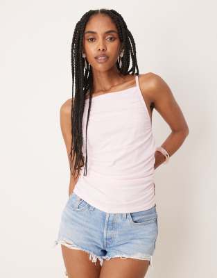 gathered strappy mesh cami in pastel pink