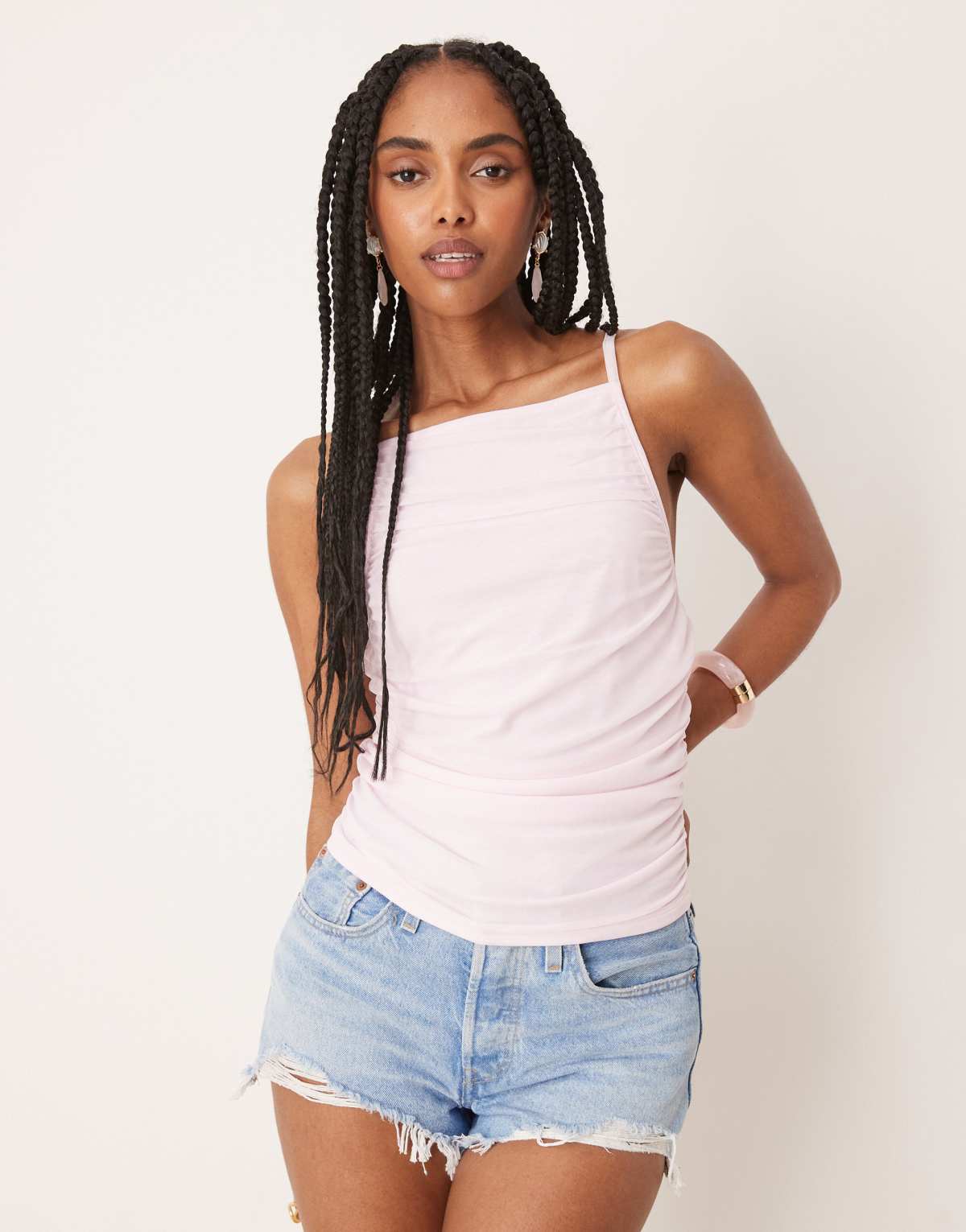 ASOS DESIGN gathered strappy mesh cami in pastel pink