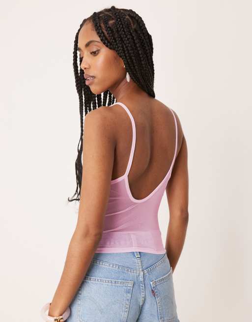 ASOS DESIGN gathered strappy mesh cami in pastel pink, 2 of 4