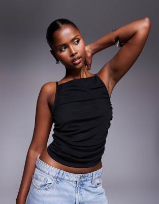 ASOS DESIGN gathered strappy mesh top in black - view 1
