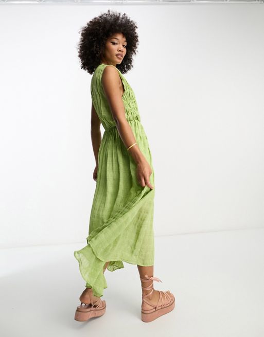 Plus Green Textured Gathered Detail Long Sleeve Shirt Dress