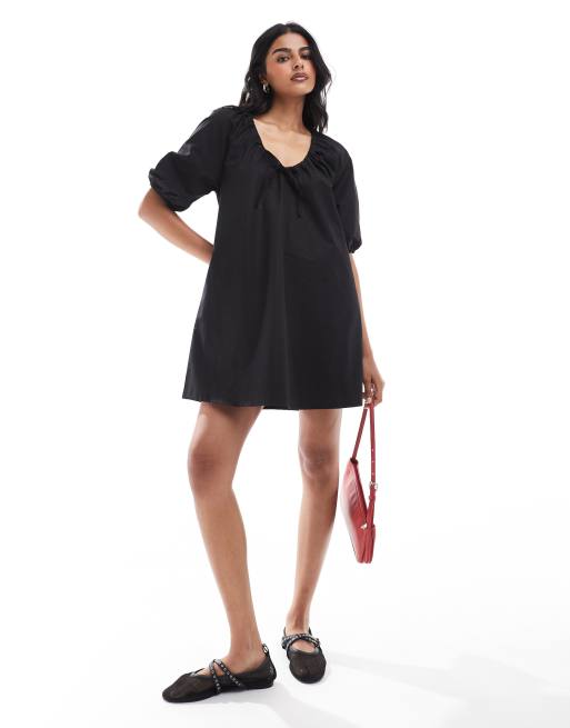 ASOS DESIGN gathered tie front mini smock dress in black