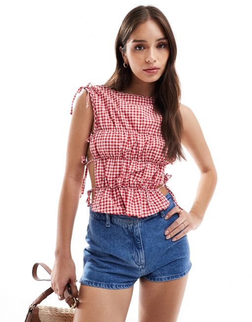 FhyzicsShops DESIGN gathered tie side tank top in red gingham