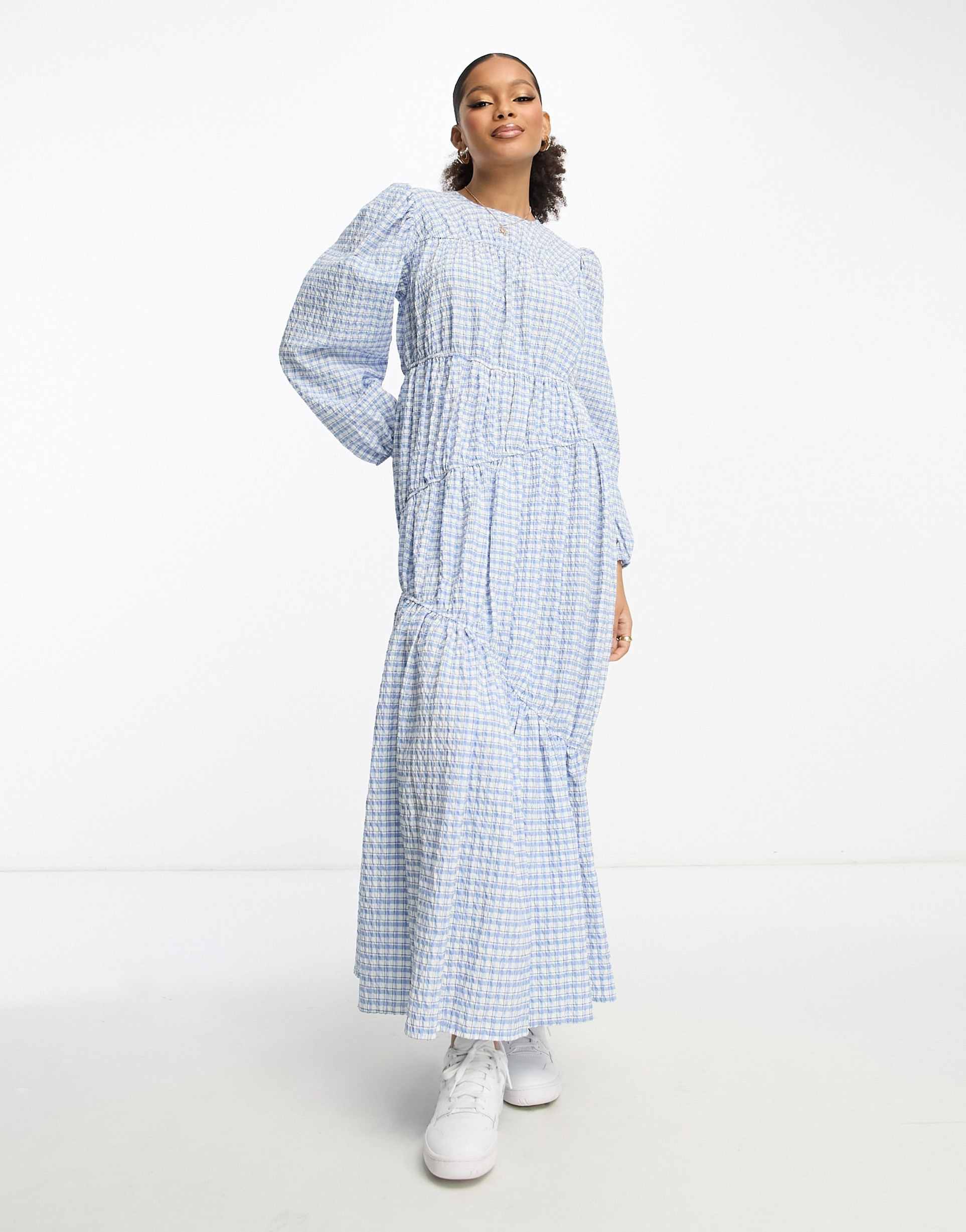 asos design gathered tiered maxi dress in blue picnic check