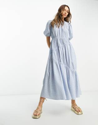 Asos Design Gathered Tiered Midi Dress In Blue Picnic Plaid-multi