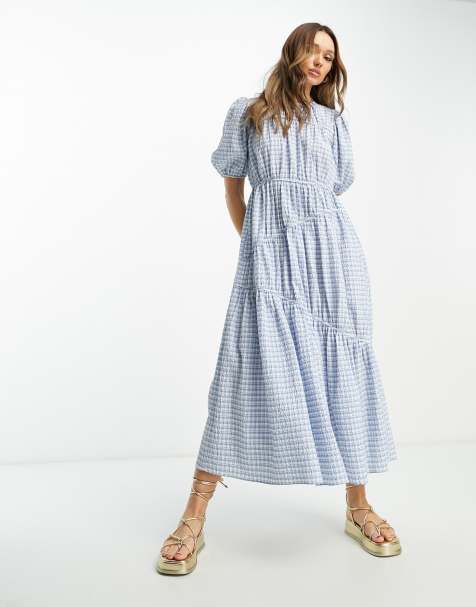 ASOS DESIGN gathered tiered midi dress in blue picnic plaid - view 1