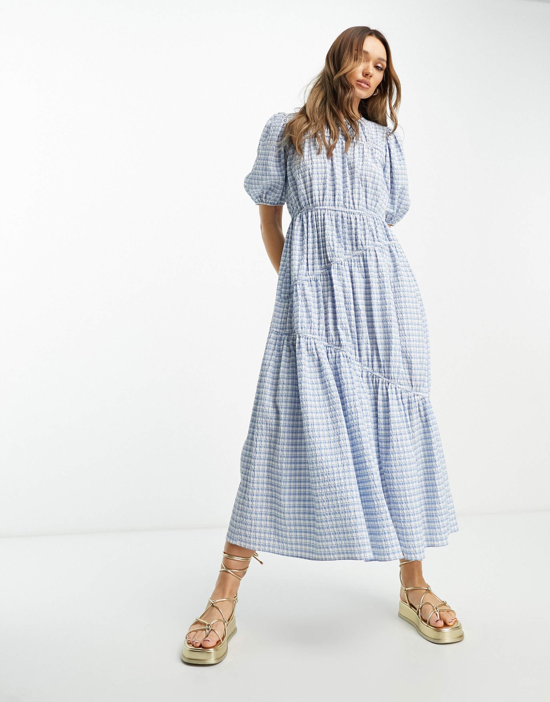 asos design gathered tiered midi dress in blue picnic plaid