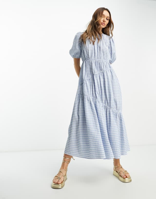 ASOS DESIGN gathered tiered midi dress in blue picnic plaid