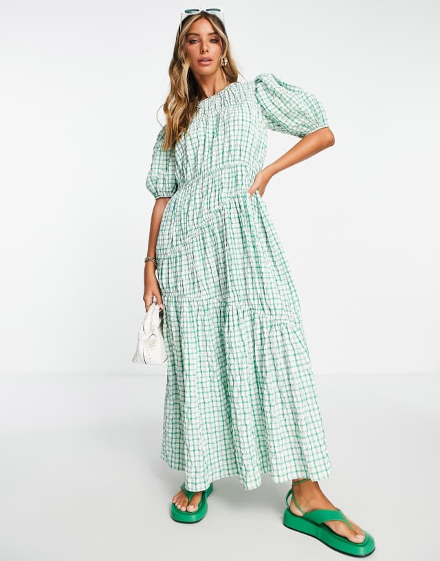 ASOS DESIGN gathered tiered midi dress in green picnic check