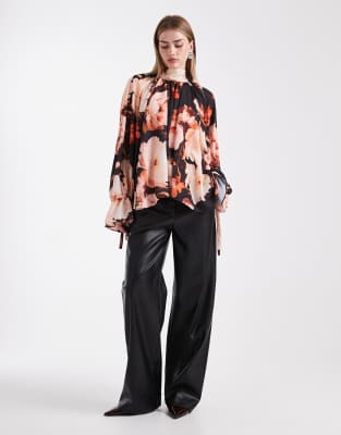 Asos Design Gathered Volume Sleeve Blouse In Brown