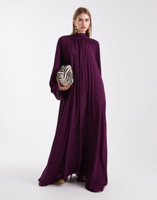 Asos Design Gathered Volume Sleeves Maxi Dress In Purple
