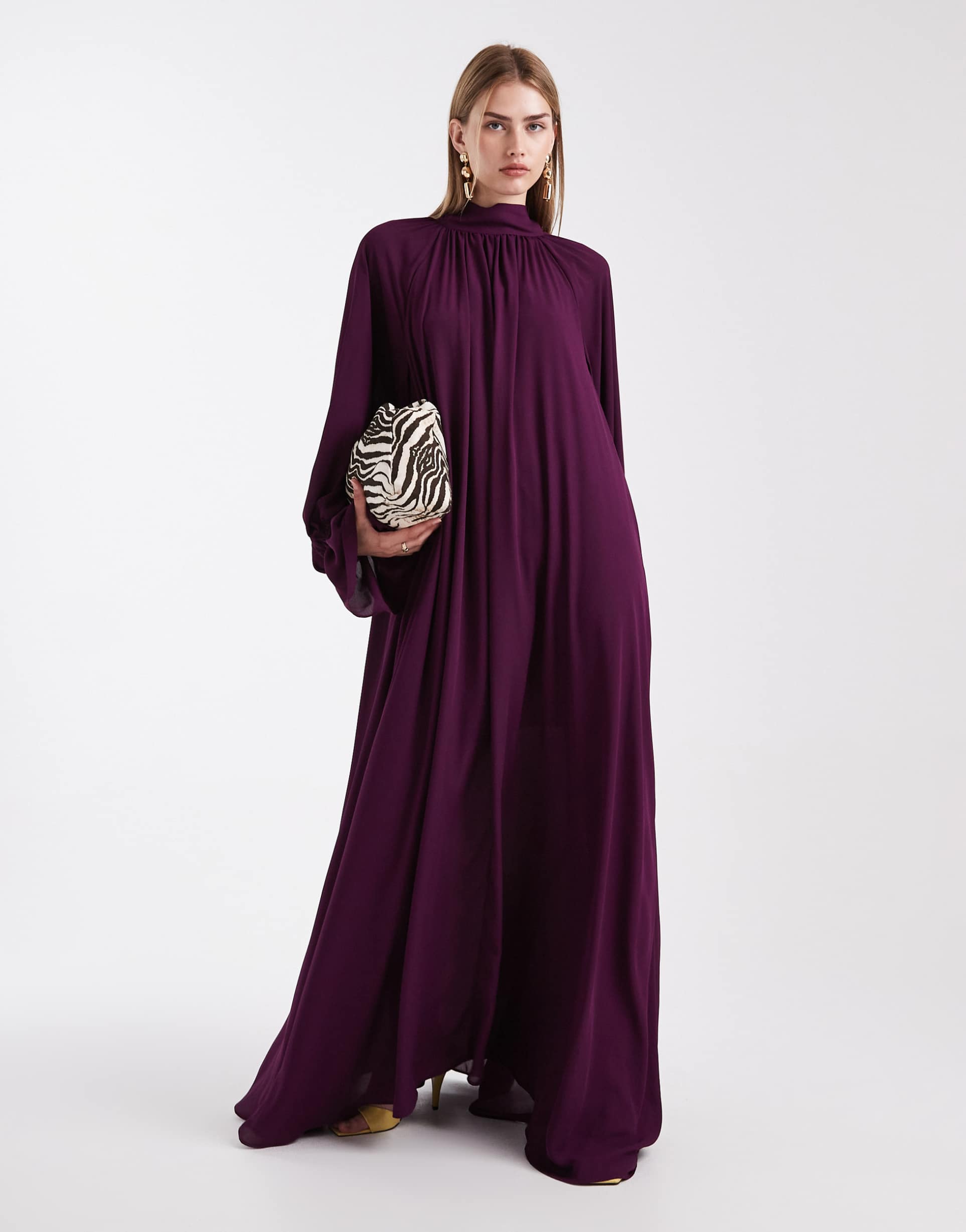 asos design gathered volume sleeves maxi dress in plum