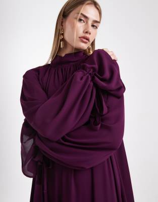 Asos Design Gathered Volume Sleeves Maxi Dress In Purple