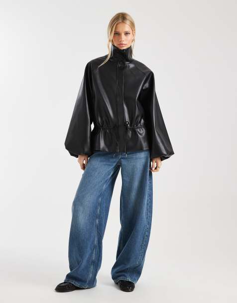 ASOS DESIGN gathered waist bubble pu jacket in black