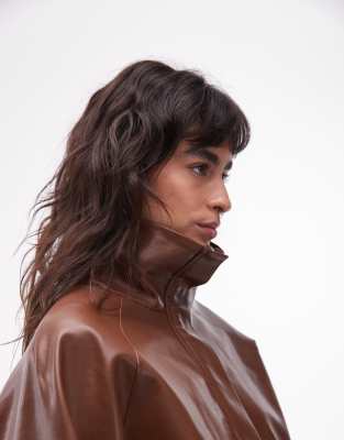 Asos Design Gathered Waist Bubble Pu Jacket-brown In Brown