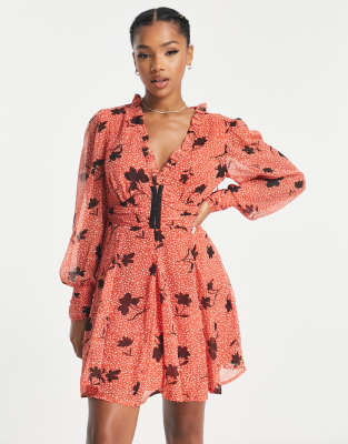 Asos Design Gathered Waist Long Sleeve Mini Dress With Frill Neck And Flare Skirt In Floral Print-multi