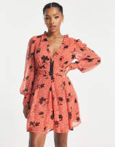 ASOS DESIGN ruched puff sleeve mini dress in black based floral | ASOS