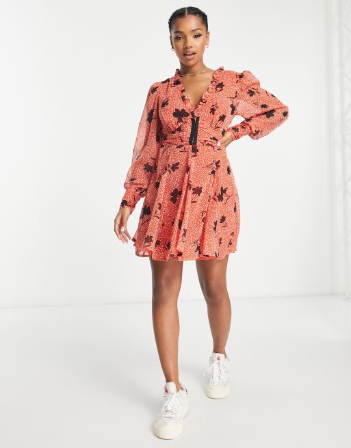 ASOS DESIGN gathered waist long sleeve mini dress with frill neck