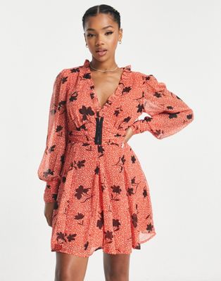 ASOS DESIGN gathered waist long sleeve mini dress with frill neck and godet skirt in floral print