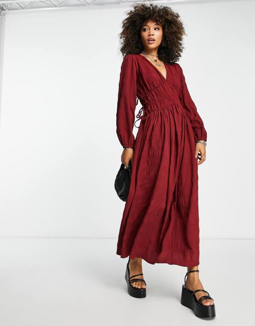 ASOS DESIGN gathered waist maxi dress in seersucker in burnt rust