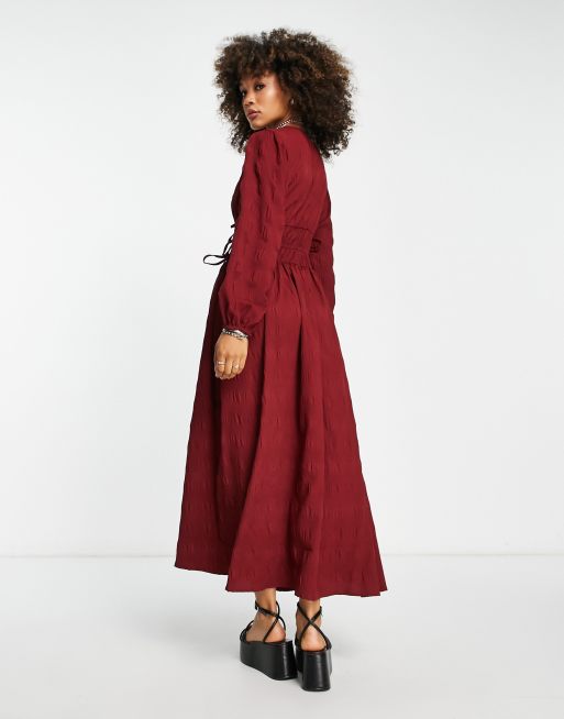 ASOS DESIGN gathered waist maxi dress in seersucker in burnt rust, 2 of 4