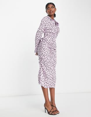 ASOS DESIGN gathered waist midi satin shirt dress in lilac floral | ASOS