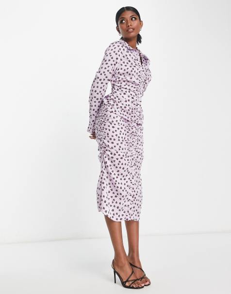 ASOS DESIGN gathered waist midi satin shirt dress in lilac floral - view 1