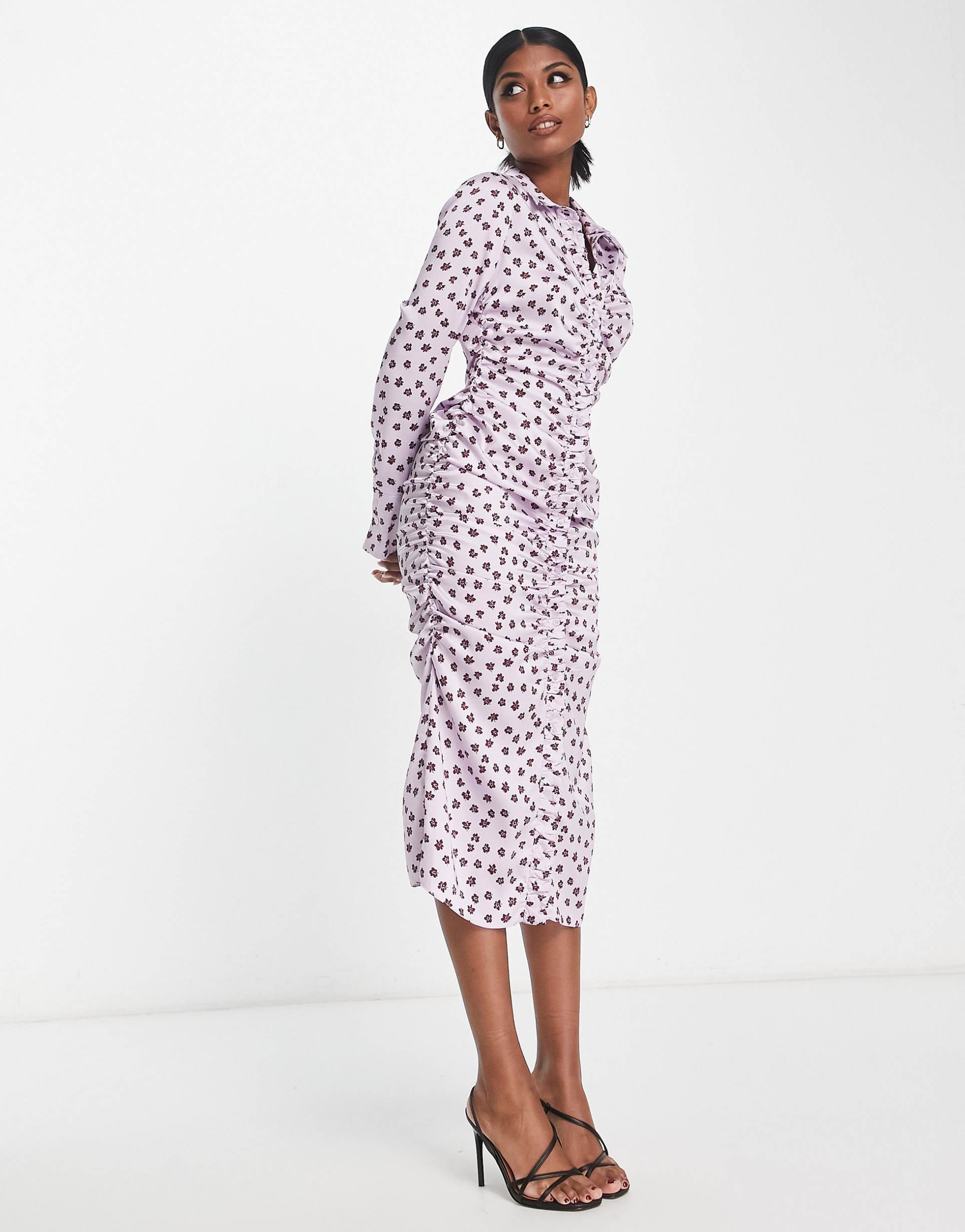 asos design gathered waist midi satin shirt dress in lilac floral