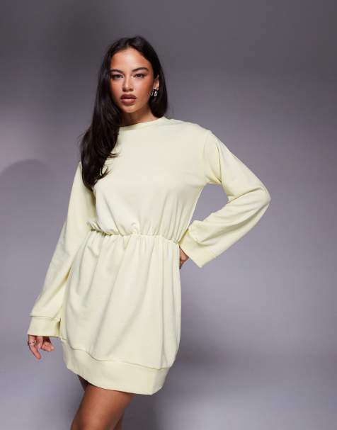 ASOS DESIGN gathered waist mini sweat dress in yellow - view 1