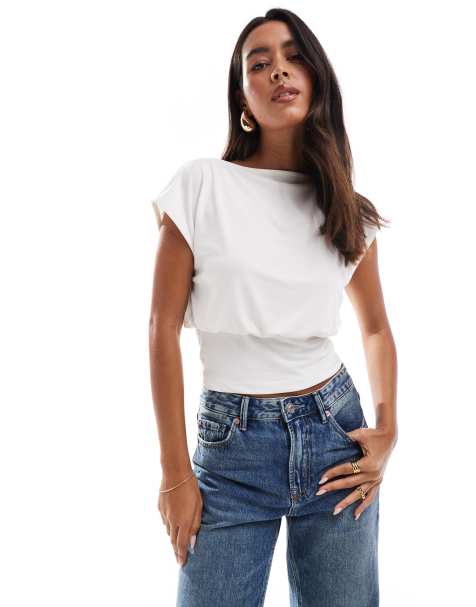 ASOS DESIGN gathered waist rib cupro tank in cream - view 1