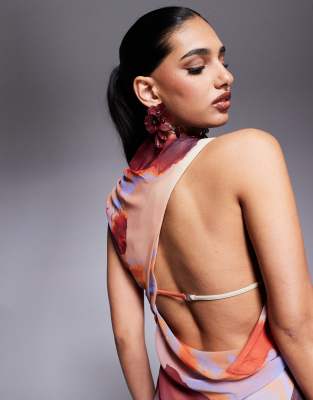 asos design gathered waist ruffle maxi dress with open back in abstract print