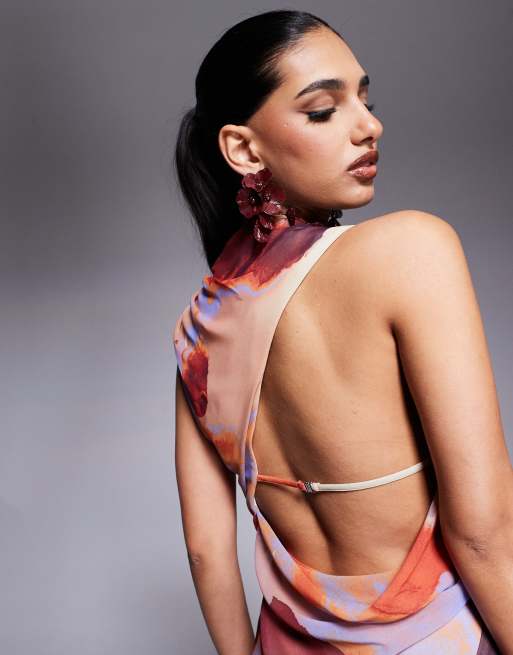 ASOS DESIGN gathered waist ruffle maxi dress with open back in abstract print