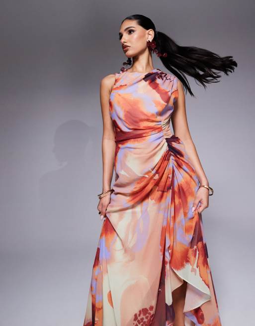 ASOS DESIGN gathered waist ruffle maxi dress with open back in abstract print, 3 of 4