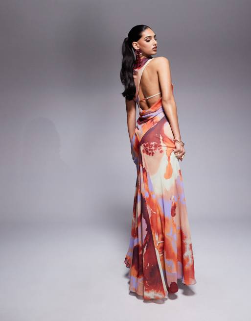 ASOS DESIGN gathered waist ruffle maxi dress with open back in abstract print