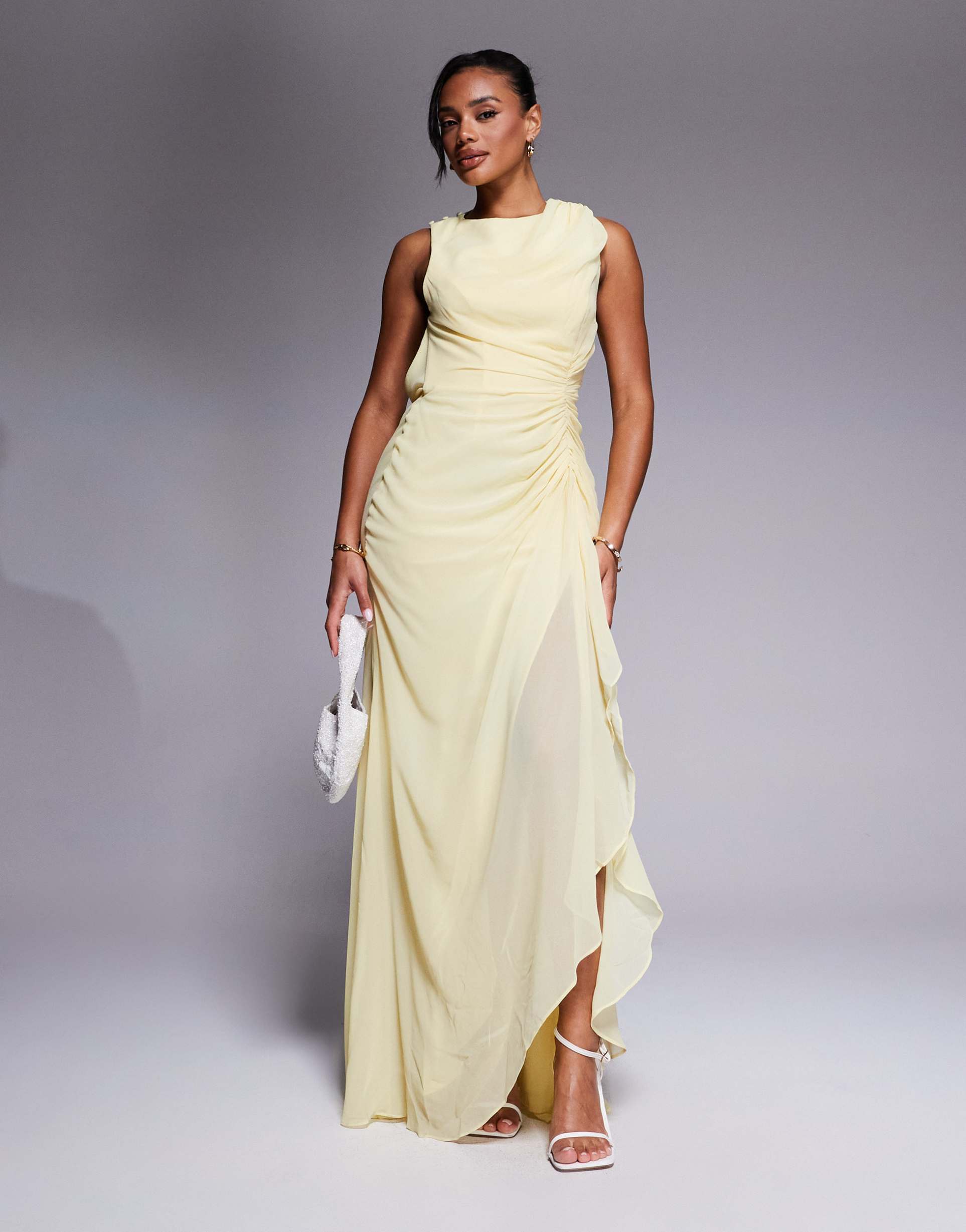 asos design gathered waist ruffle maxi dress with open back in pale yellow