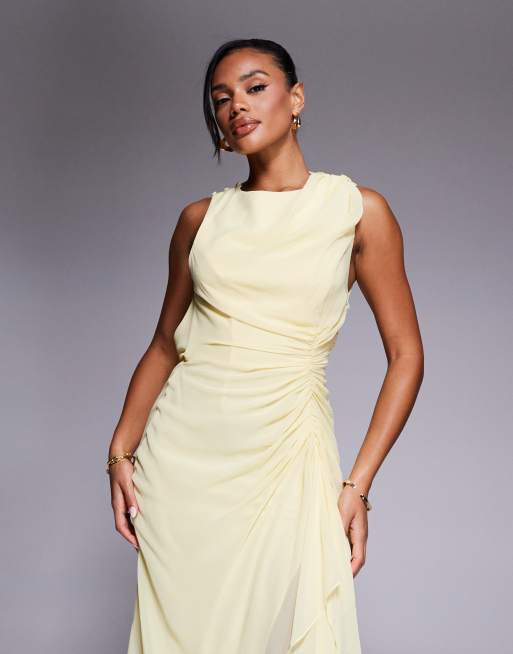 ASOS DESIGN gathered waist ruffle maxi dress with open back in pale yellow