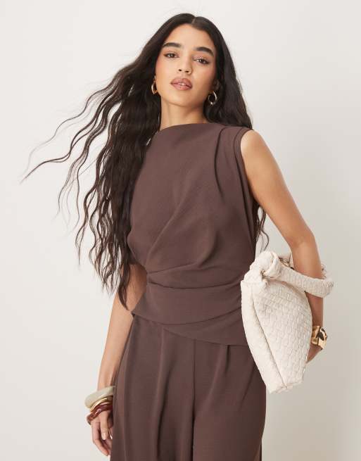 ASOS DESIGN gathered waist sleeveless jumpsuit in chocolate