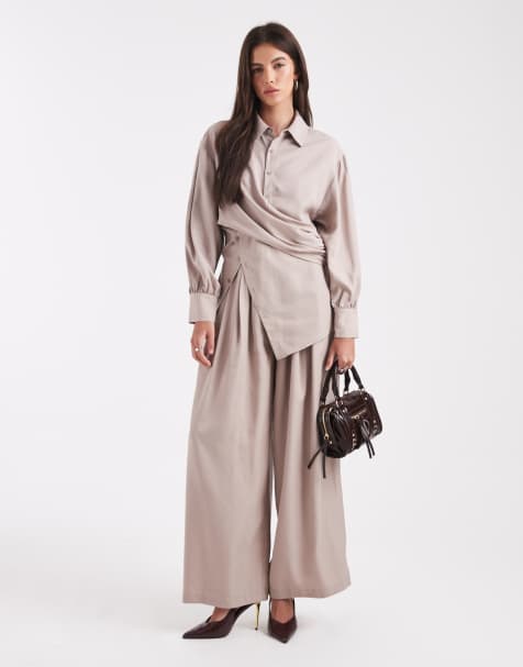 ASOS DESIGN gathered waist trousers co-ord in taupe - view 1