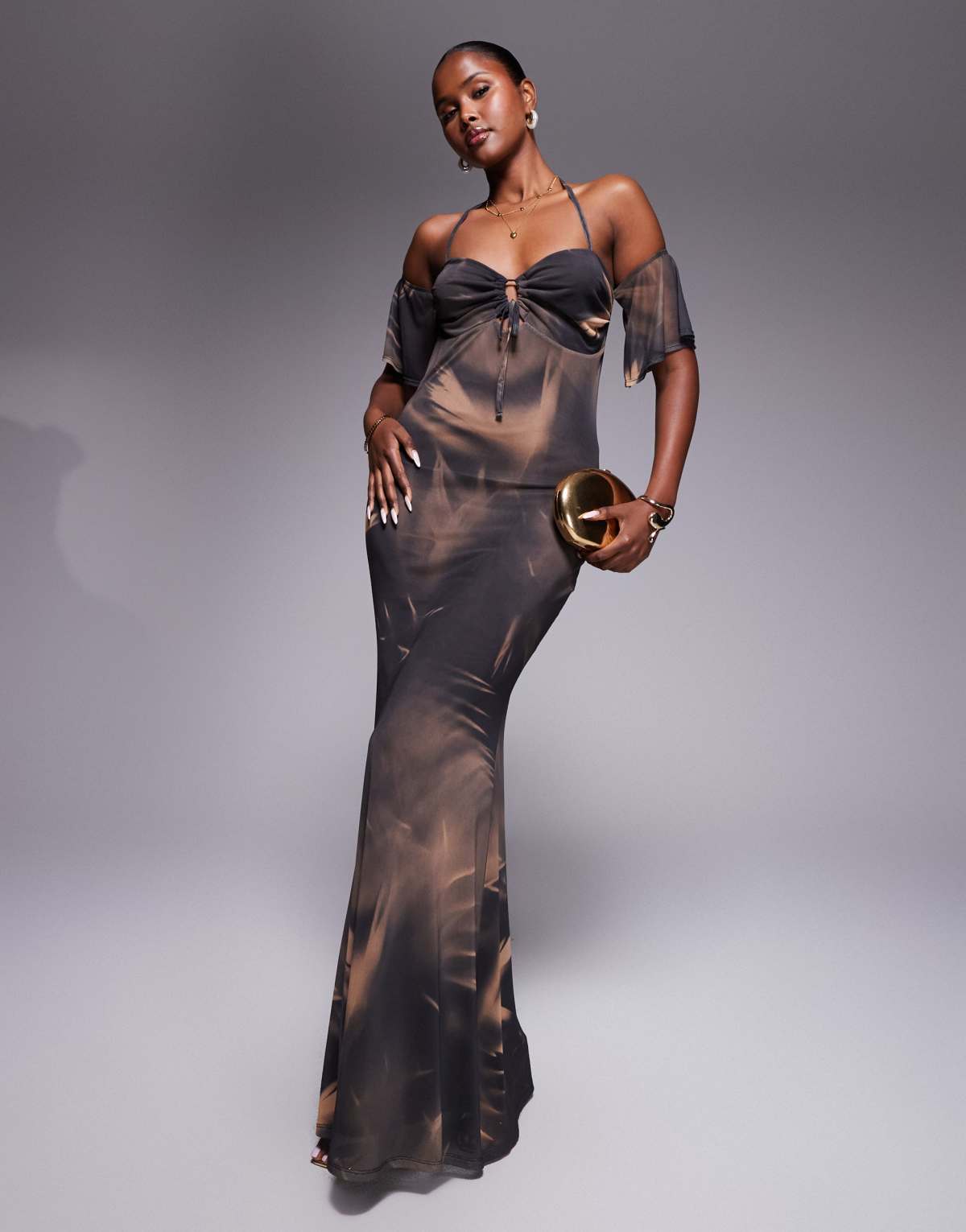 ASOS DESIGN gauged front bardot maxi dress with flippy sleeves in print