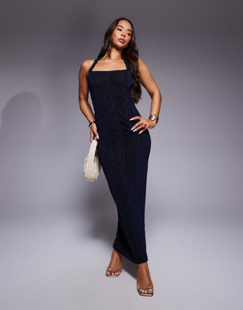 ASOS DESIGN gauged strap detail square neck maxi dress in metallic navy - view 1